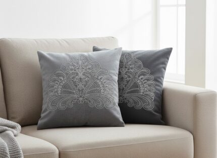 کوسن مخمل مبلی گیپور دار آبی طوسی مناسب مبل راحتی و سلطنتی