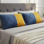 رو بالشی نوار دار پارچه مبلی ارزان عیانی آبی خردلی