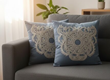 کوسن مخمل مبلی گیپور دار آبی طوسی مناسب مبل راحتی و سلطنتی