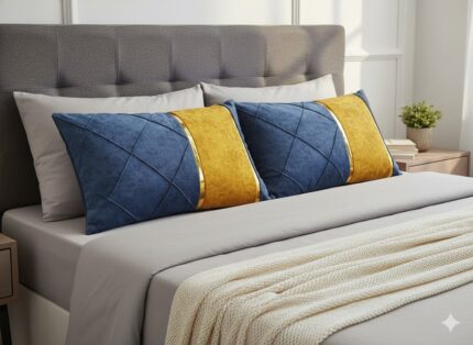 رو بالشی نوار دار پارچه مبلی ارزان عیانی آبی خردلی